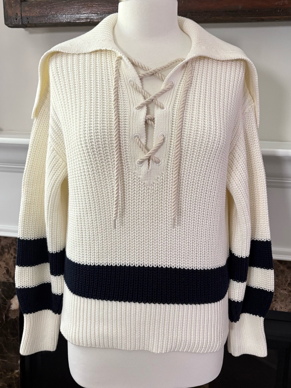 Polo Ralph Lauren Lace-Up Sailor Collar Nautical Striped Sweater - Size S